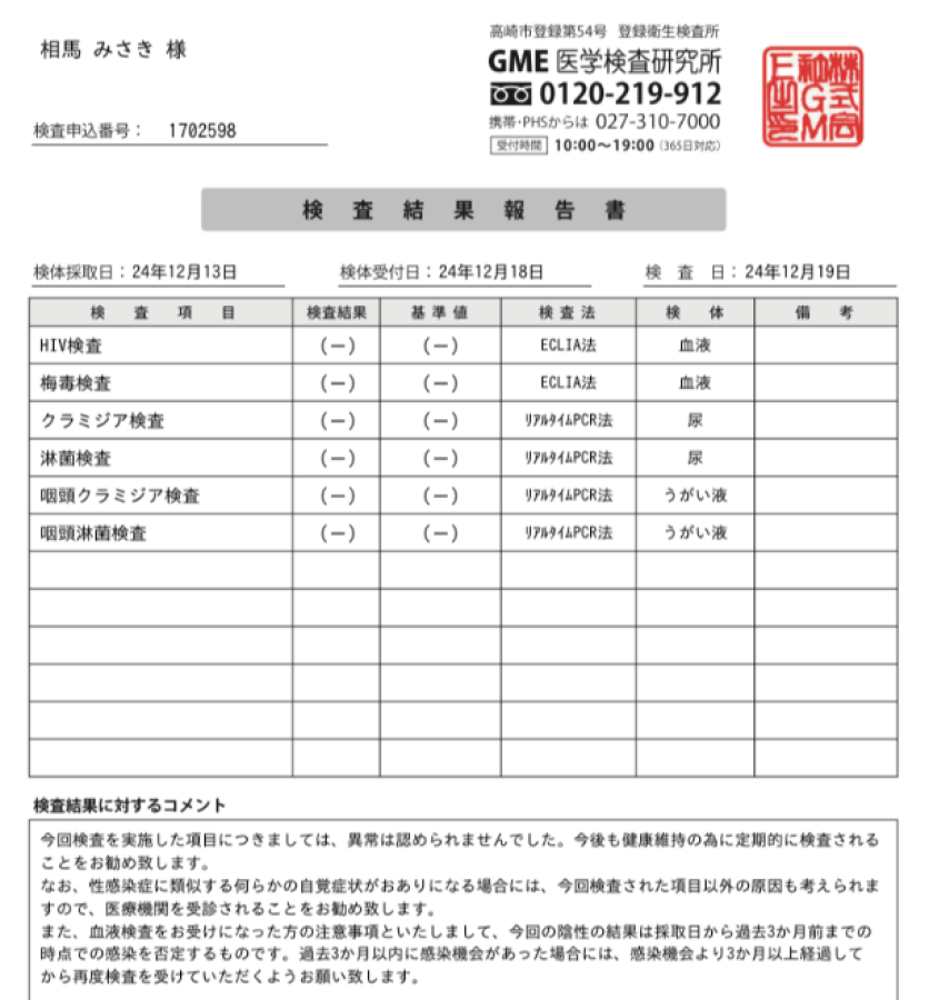 相馬みさきの性病検査証明書